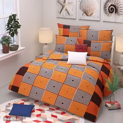 PCOTT Prime Collection 144 TC Polycotton 3D Printed Double Bedsheet with 2 Pillow Covers (Multicolour, Size 90 x 90 Inch) - Orange Yellow Blocks 3D2