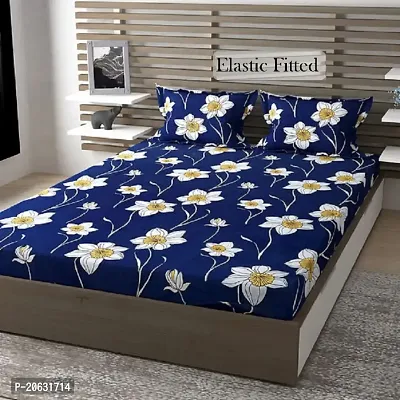 PCOTT Prime Collection 160TC Supersoft Glace Cotton Elastic Fitted King Size Double Bedsheet with 2 Pillow Covers (Multicolour, Size 72 x 78 Inch) - Blue Lily 4 - Gold Fitted