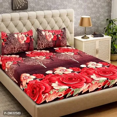 PCOTT Prime Collection 144 TC Polycotton 3D Printed Double Bedsheet with 2 Pillow Covers (Multicolour, Size 90 x 90 Inch) - Maroon with Red Roses 3D2