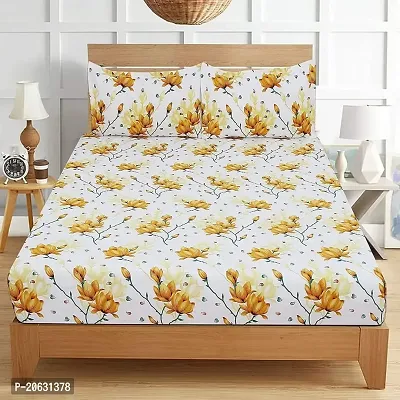 PCOTT Prime Collection 144 TC Polycotton 3D Printed Double Bedsheet with 2 Pillow Covers (Multicolour, Size 90 x 90 Inch) - White with Yellow Flowers 3D7