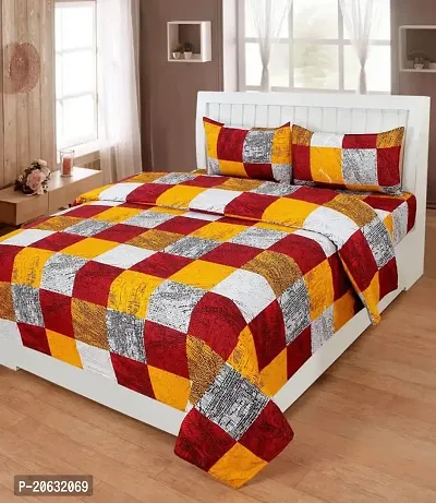 PCOTT Prime Collection 144 TC Polycotton 3D Printed Double Bedsheet with 2 Pillow Covers (Multicolour, Size 90 x 90 Inch) - Red  Yellow Checks 3D2