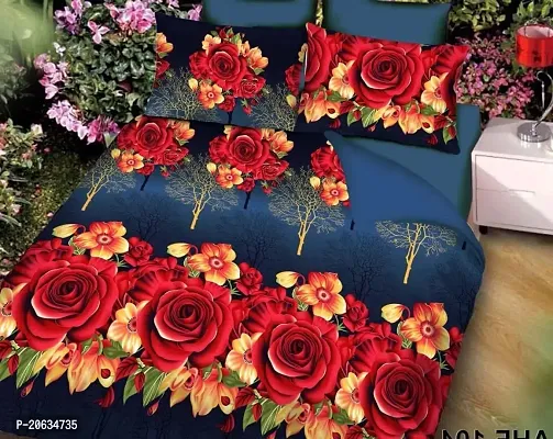 PCOTT Prime Collection 144 TC Polycotton 3D Printed Double Bedsheet with 2 Pillow Covers (Multicolour, Size 90 x 90 Inch) - Blue with Red  White Roses 3D5-thumb0
