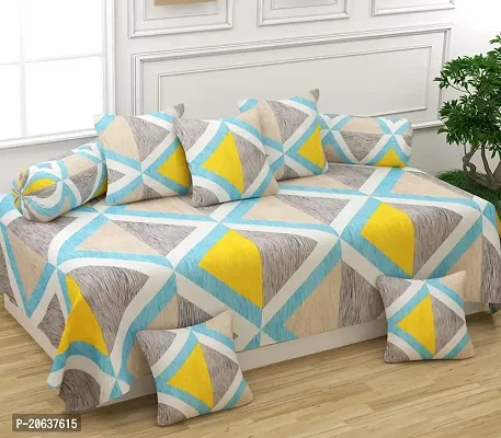 PCOTT 160 TC Supersoft Glace Cotton 8 pc Diwan Set, Multicolour (1 Single Bedsheet, 2 Bolster Covers and 5 Cushion Covers) - Grey Yellow Box-Diwan-thumb0