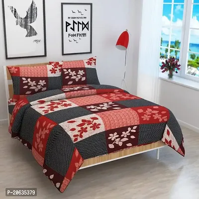 PCOTT Prime Collection 144 TC Polycotton 3D Printed Double Bedsheet with 2 Pillow Covers (Multicolour, Size 90 x 90 Inch) - Red Grey Check with Leaves 3D3