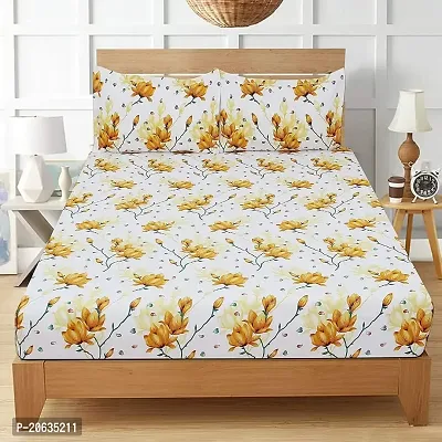 PCOTT Prime Collection 144 TC Polycotton 3D Printed Double Bedsheet with 2 Pillow Covers (Multicolour, Size 90 x 90 Inch) - White with Yellow Flowers 3D3