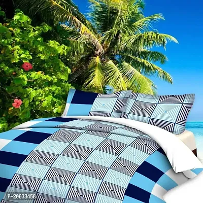 PCOTT Prime Collection 144TC 3D Printed Polycotton Double Bedsheet with 2 Pillow Covers (Multicolour, Size 87 x 87 Inch) - White Blue Blocks 3D2