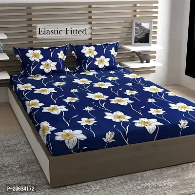 PCOTT Prime Collection 160 TC Supersoft Glace Cotton King Size Elastic Fitted Double Bedsheet with 2 Pillow Covers (Multicolour, Size 72 x 78 Inch) - Blue Lily 3 - Gold Fitted