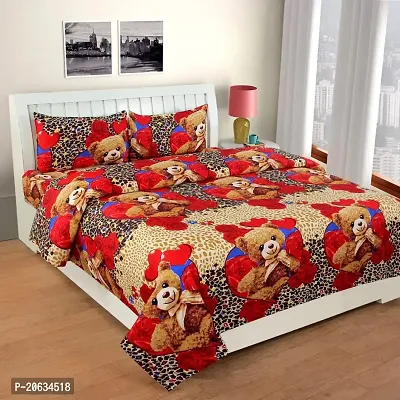 PCOTT Prime Collection 144 TC Polycotton 3D Printed Double Bedsheet with 2 Pillow Covers (Multicolour, Size 90 x 90 Inch) - Teddy Bear 3D1