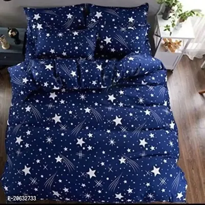 PCOTT Prime Collection 144 TC Polycotton 3D Printed Double Bedsheet with 2 Pillow Covers (Multicolour, Size 90 x 90 Inch) - Blue with Stars 3D4