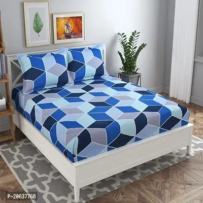 PCOTT Prime Collection 160 TC Supersoft Glace Cotton King Size Elastic Fitted Double Bedsheet with 2 Pillow Covers (Multicolour, Size 72 x 78 Inch) - Blue Grey Zigzag - Gold Fitted-thumb0