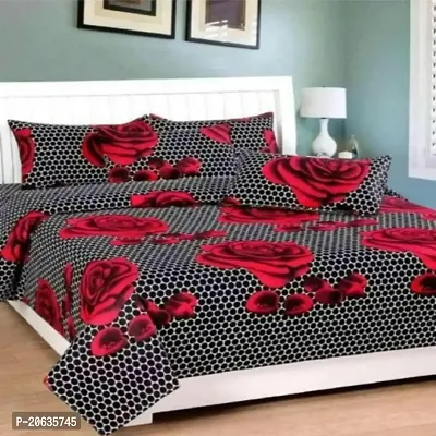 PCOTT Prime Collection 144 TC Polycotton 3D Printed Double Bedsheet with 2 Pillow Covers (Multicolour, Size 90 x 90 Inch) - Dotted Black with Red Flower 3D1