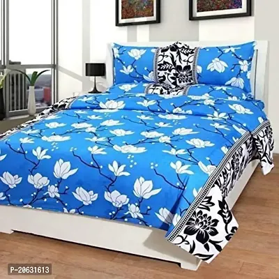 PCOTT Prime Collection 144 TC Polycotton 3D Printed Double Bedsheet with 2 Pillow Covers (Multicolour, Size 90 x 90 Inch) - Sky Blue with White Flower 3D3-thumb0