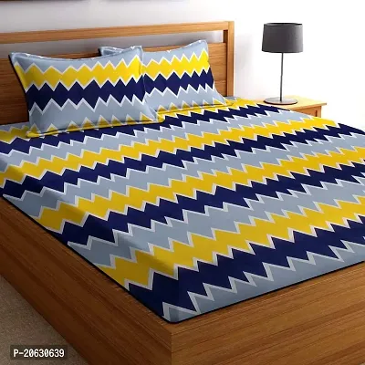 PCOTT Prime Collection 144 TC Polycotton 3D Printed Double Bedsheet with 2 Pillow Covers (Multicolour, Size 90 x 90 Inch) - Grey Yellow Zigzag Lines 3D2