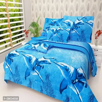 PCOTT Prime Collection 144TC 3D Printed Polycotton Double Bedsheet with 2 Pillow Covers (Multicolour, Size 87 x 87 Inch) - Blue Fish 3D-M