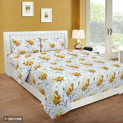 PCOTT Prime Collection 144TC 3D Printed Polycotton Double Bedsheet with 2 Pillow Covers (Multicolour, Size 87 x 87 Inch) - White with Yellow Flowers 3D3