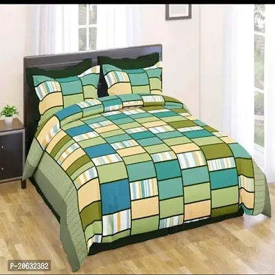 PCOTT Prime Collection 144TC 3D Printed Polycotton Double Bedsheet with 2 Pillow Covers (Multicolour, Size 87 x 87 Inch) - Green Check 3D1