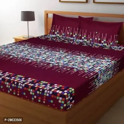 PCOTT Prime Collection 144TC 3D Printed Polycotton Double Bedsheet with 2 Pillow Covers (Multicolour, Size 87 x 87 Inch) - Red with Multi Colour Square 3D1-M