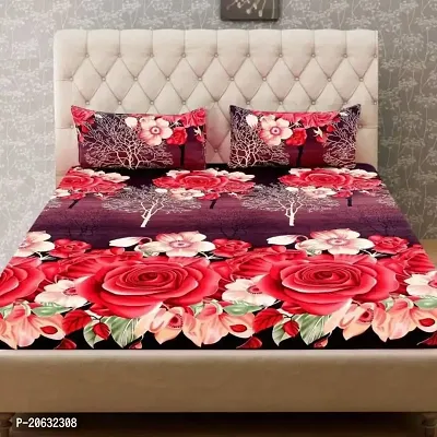 PCOTT Prime Collection 144 TC Polycotton 3D Printed Double Bedsheet with 2 Pillow Covers (Multicolour, Size 90 x 90 Inch) - Maroon with Red Roses 3D1-thumb0