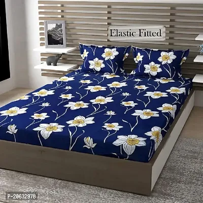 PCOTT Prime Collection 160 TC Supersoft Glace Cotton King Size Elastic Fitted Double Bedsheet with 2 Pillow Covers (Multicolour, Size 72 x 78 Inch) - Blue Lily 4 - Gold Fitted-thumb0