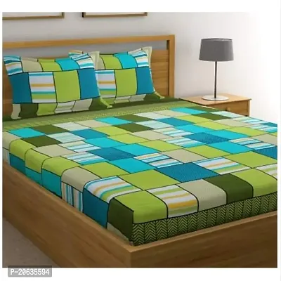 PCOTT Prime Collection 144 TC Polycotton 3D Printed Double Bedsheet with 2 Pillow Covers (Multicolour, Size 90 x 90 Inch) - Green Check 3D1