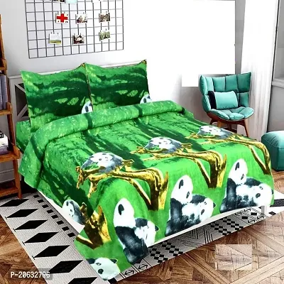 PCOTT Prime Collection 144 TC Polycotton 3D Printed Double Bedsheet with 2 Pillow Covers (Multicolour, Size 90 x 90 Inch) - Green with Panda 3D2