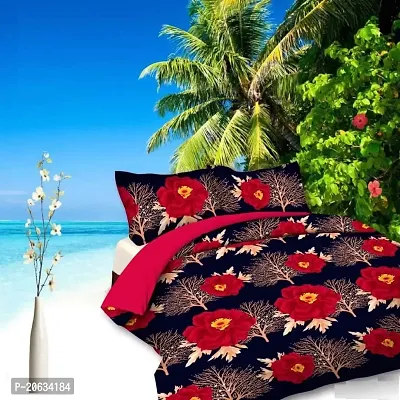 PCOTT Prime Collection 144 TC Polycotton 3D Printed Double Bedsheet with 2 Pillow Covers (Multicolour, Size 90 x 90 Inch) - Red Flower 3D3-thumb0