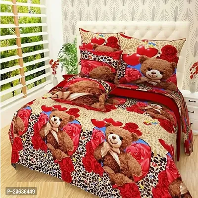 PCOTT Prime Collection 144 TC Polycotton 3D Printed Double Bedsheet with 2 Pillow Covers (Multicolour, Size 90 x 90 Inch) - Teddy Bear 3D5