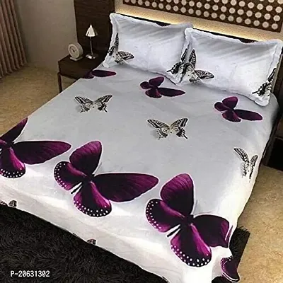 PCOTT Prime Collection 144TC 3D Printed Polycotton Double Bedsheet with 2 Pillow Covers (Multicolour, Size 87 x 87 Inch) - White with Purple Butterfly 3D2-M