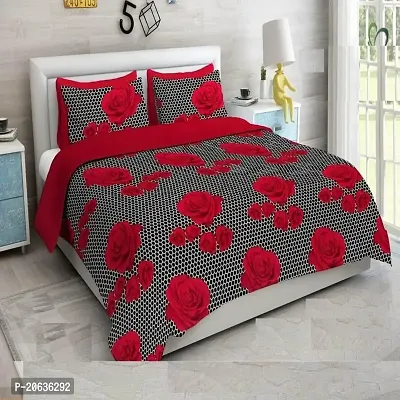 PCOTT Prime Collection 144TC 3D Printed Polycotton Double Bedsheet with 2 Pillow Covers (Multicolour, Size 87 x 87 Inch) - Dotted Black with Red Flower 3D2