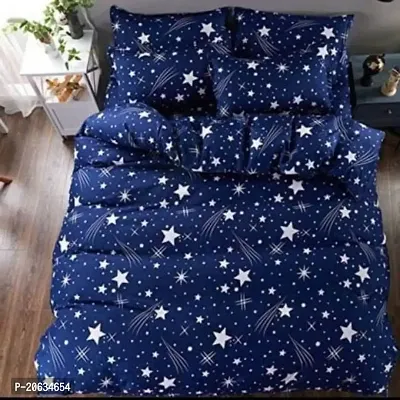 PCOTT Prime Collection 144 TC Polycotton 3D Printed Double Bedsheet with 2 Pillow Covers (Multicolour, Size 90 x 90 Inch) - Blue with Stars 3D9