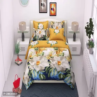 PCOTT Prime Collection 144TC 3D Printed Polycotton Double Bedsheet with 2 Pillow Covers (Multicolour, Size 87 x 87 Inch) - Yellow with White Roses 3D