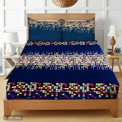 PCOTT Prime Collection 144 TC Polycotton 3D Printed Double Bedsheet with 2 Pillow Covers (Multicolour, Size 90 x 90 Inch) - Blue with Multi Colour Square 3D4