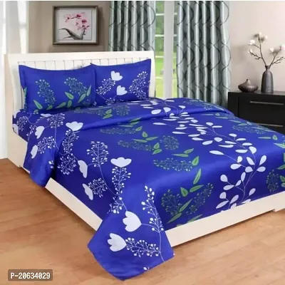 PCOTT Prime Collection 144TC 3D Printed Polycotton Double Bedsheet with 2 Pillow Covers (Multicolour, Size 87 x 87 Inch) - Blue with White Leaves 3D