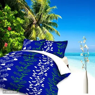 PCOTT Prime Collection 144TC 3D Printed Polycotton Double Bedsheet with 2 Pillow Covers (Multicolour, Size 87 x 87 Inch) - Blue with White Leaves 3D1