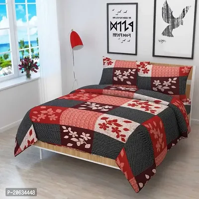 PCOTT Prime Collection 144TC 3D Printed Polycotton Double Bedsheet with 2 Pillow Covers (Multicolour, Size 87 x 87 Inch) - Red Grey Check with Leaves 3D-M