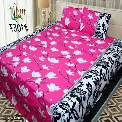 PCOTT Prime Collection 144 TC Polycotton 3D Printed Double Bedsheet with 2 Pillow Covers (Multicolour, Size 90 x 90 Inch) - Pink with White Flower 3D9