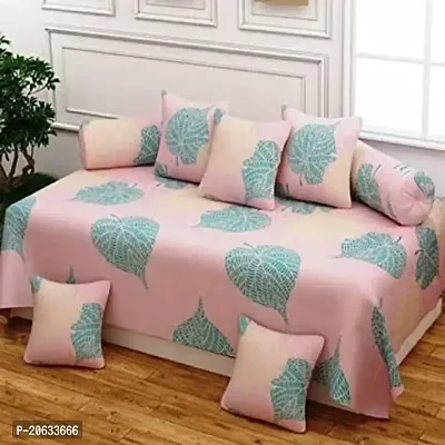 PCOTT 160 TC Supersoft Glace Cotton 8 pc Diwan Set, Multicolour (1 Single Bedsheet, 2 Bolster Covers and 5 Cushion Covers) - Pink with Green Leaves1-Diwan-thumb0