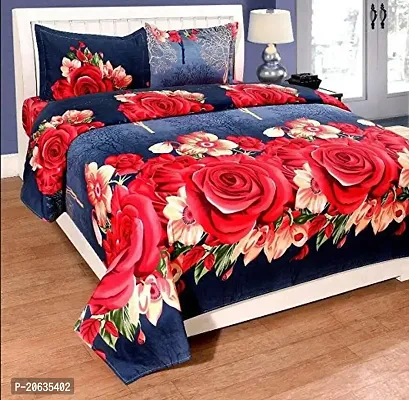 PCOTT Prime Collection 144 TC Polycotton 3D Printed Double Bedsheet with 2 Pillow Covers (Multicolour, Size 90 x 90 Inch) - Blue with Red  White Roses 3D3