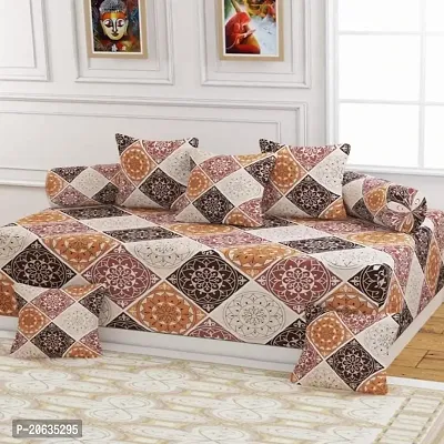 PCOTT 160 TC Supersoft Glace Cotton 8 pc Diwan Set, Multicolour (1 Single Bedsheet, 2 Bolster Covers and 5 Cushion Covers) - Brown Rangoli1-Diwan