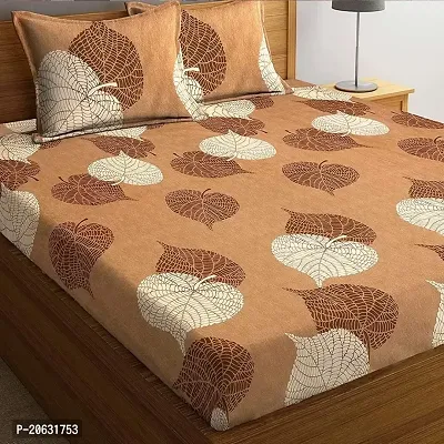 PCOTT Prime Collection 160TC Glace Cotton Supersoft Printed Double Bedsheet with 2 Matching Pillow Covers (Multicolour, 90 x 90 Inch)-Coffee with White Leaves 4-Gold-thumb0