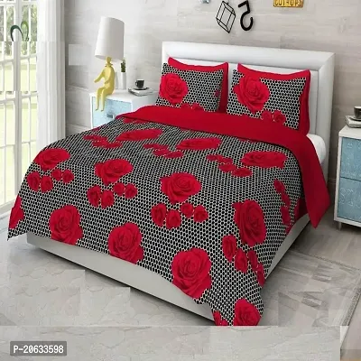 PCOTT Prime Collection 144 TC Polycotton 3D Printed Double Bedsheet with 2 Pillow Covers (Multicolour, Size 90 x 90 Inch) - Dotted Black with Red Flower 3D9