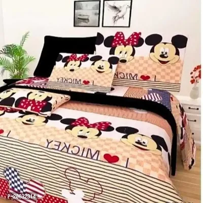 PCOTT Prime Collection 144TC 3D Printed Polycotton Double Bedsheet with 2 Pillow Covers (Multicolour, Size 87 x 87 Inch) - Cream Mickey 3D-M-thumb0