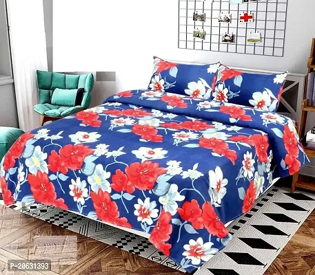 PCOTT Prime Collection 144 TC Polycotton 3D Printed Double Bedsheet with 2 Pillow Covers (Multicolour, Size 90 x 90 Inch) - Blue with Red  White Flower 3D9-thumb0