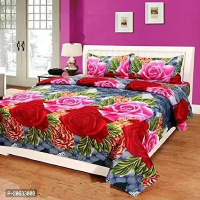 PCOTT Prime Collection 144TC 3D Printed Polycotton Double Bedsheet with 2 Pillow Covers (Multicolour, Size 87 x 87 Inch) - Blue with Red and Pink Flower 3D2-M