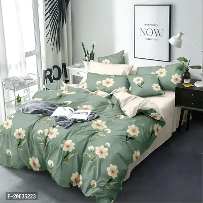 PCOTT Prime Collection 160TC Glace Cotton Supersoft Printed Double Bedsheet with 2 Matching Pillow Covers (Multicolour, 90 x 90 Inch)-Green with White Flowers3-Gold-thumb0