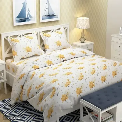 PCOTT Prime Collection 144 TC Polycotton 3D Printed Double Bedsheet with 2 Pillow Covers (Multicolour, Size 90 x 90 Inch) - White with Yellow Flowers 3D6