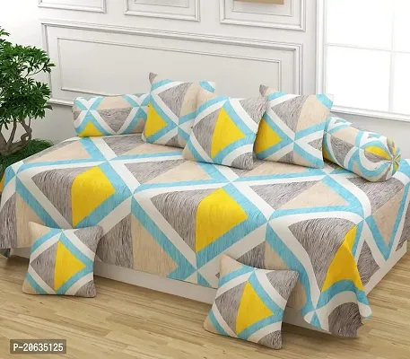 PCOTT 160 TC Supersoft Glace Cotton 8 pc Diwan Set, Multicolour (1 Single Bedsheet, 2 Bolster Covers and 5 Cushion Covers) - Grey Yellow Box1-Diwan