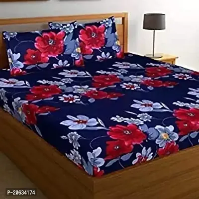 PCOTT Prime Collection 144 TC Polycotton 3D Printed Double Bedsheet with 2 Pillow Covers (Multicolour, Size 90 x 90 Inch) - Blue with Red  White Flower 3D2