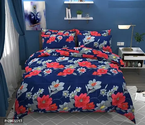 PCOTT Prime Collection 144TC 3D Printed Polycotton Double Bedsheet with 2 Pillow Covers (Multicolour, Size 87 x 87 Inch) - Blue with Red  White Flower 3D3