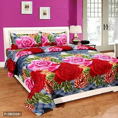 PCOTT Prime Collection 144 TC Polycotton 3D Printed Double Bedsheet with 2 Pillow Covers (Multicolour, Size 90 x 90 Inch) - Blue with Red and Pink Flower 3D3